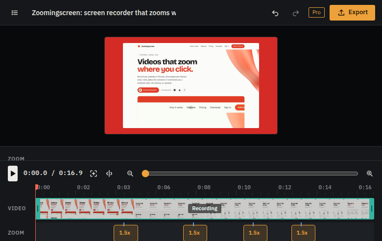 The Zoomingscreen editor with a recording, the zoom timeline and the settings panel